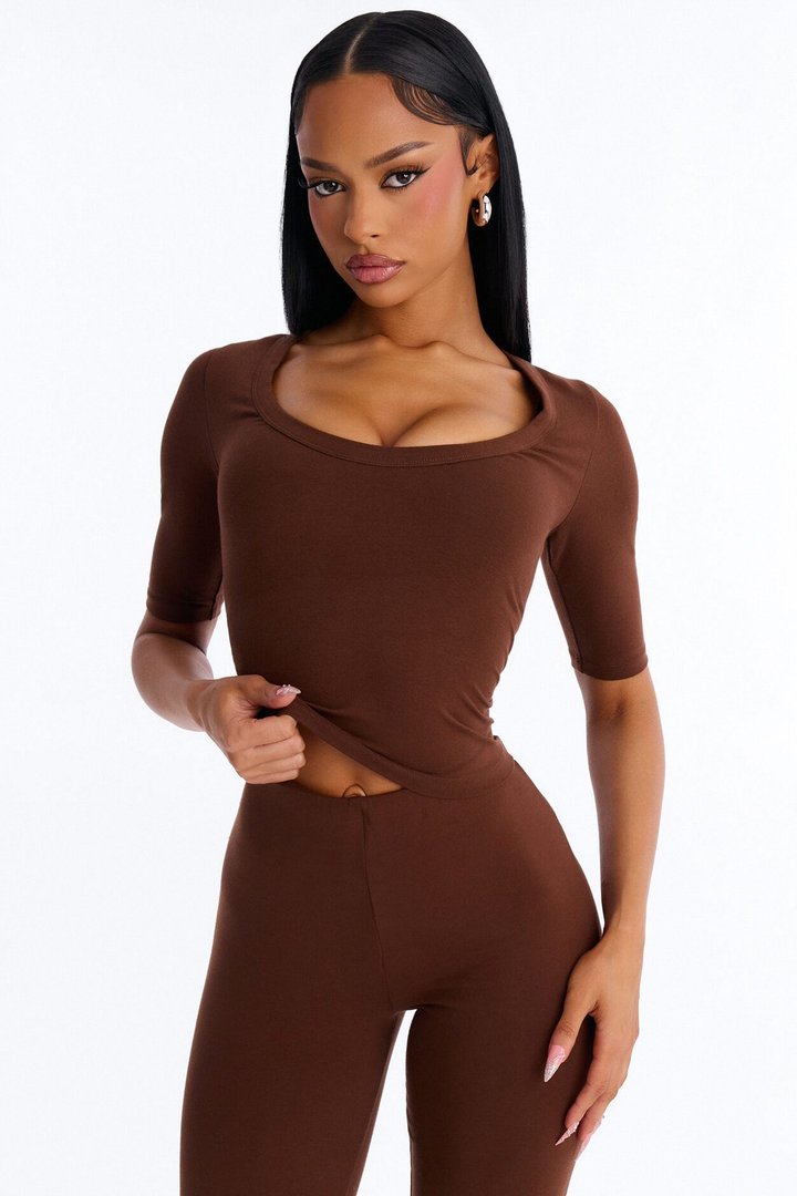 Quinn 3/4 Sleeve Scoop Neck Top - Brown