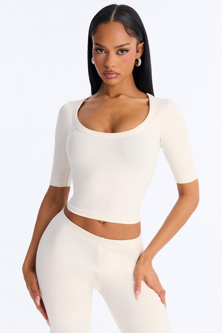 Quinn 3/4 Sleeve Scoop Neck Top - Cream