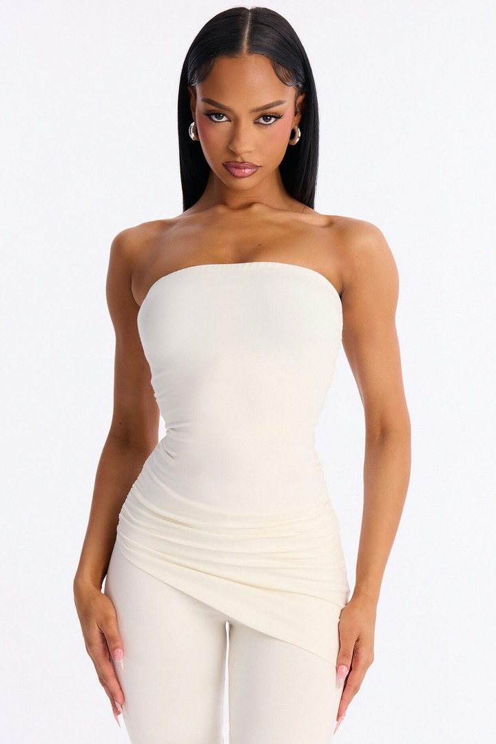 Quinn Asymmetrical Ruched Tube Top - Cream