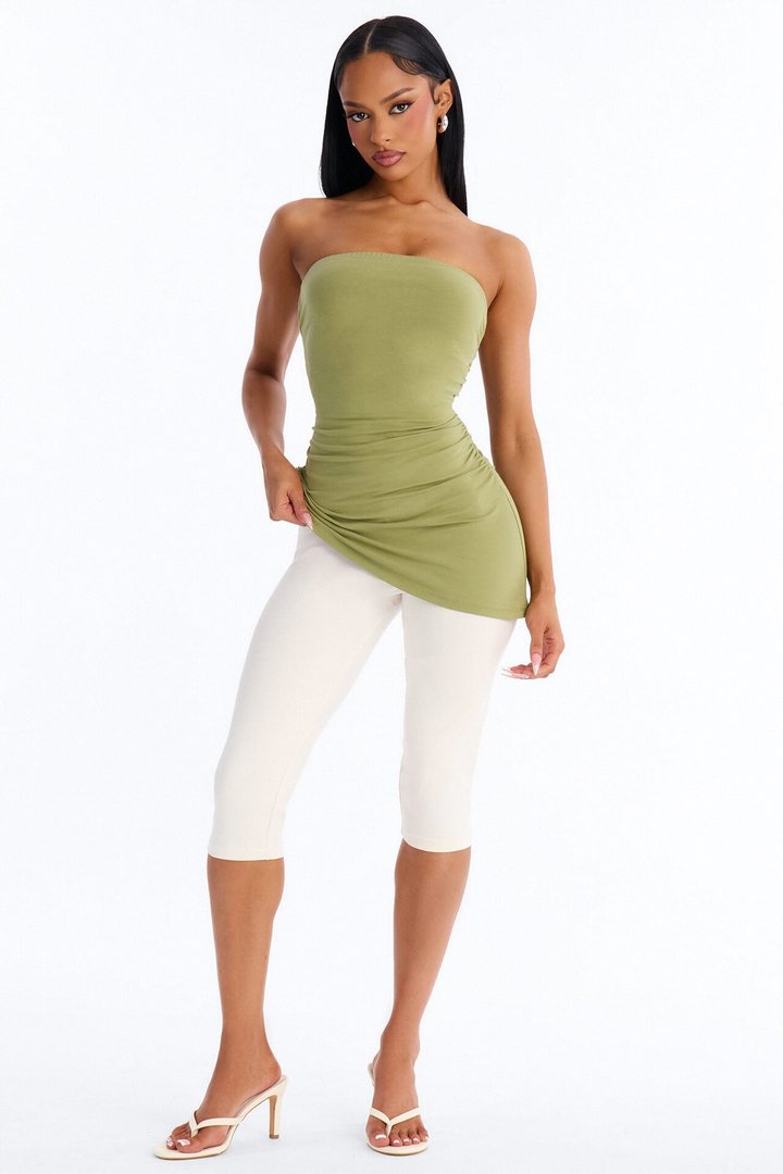 Quinn Asymmetrical Ruched Tube Top - Moss