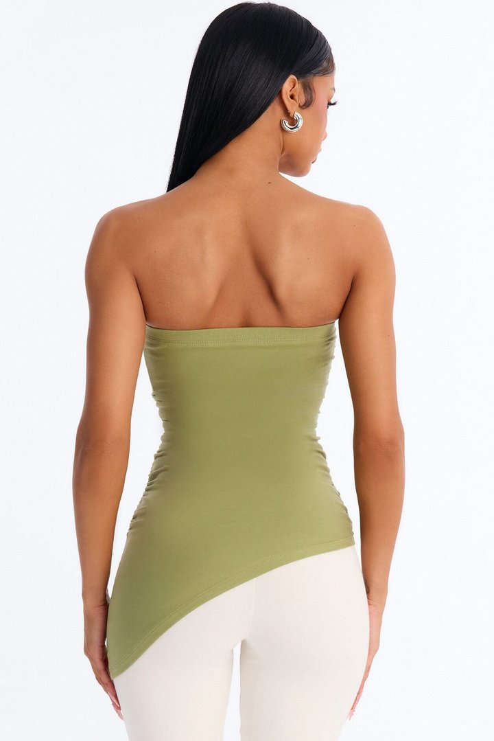 Quinn Asymmetrical Ruched Tube Top - Moss