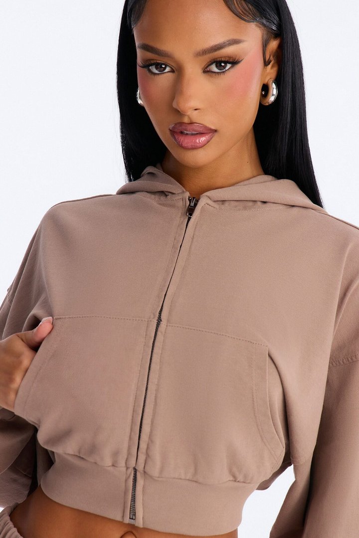 Mylie Cropped Zip Hoodie - Taupe