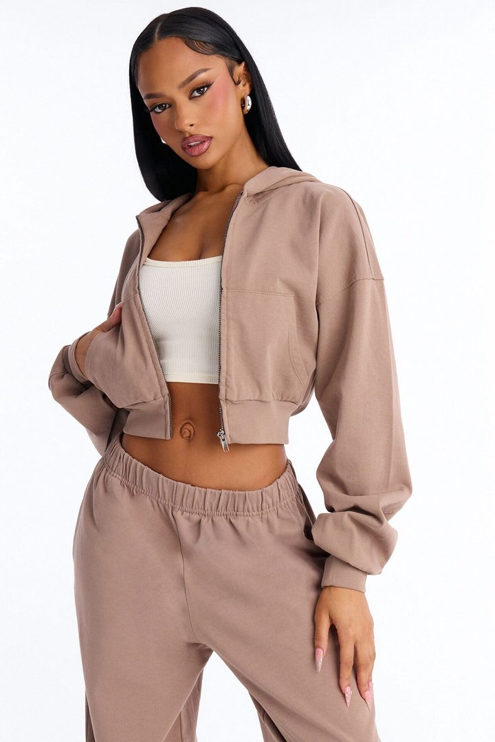 Mylie Cropped Zip Hoodie - Taupe