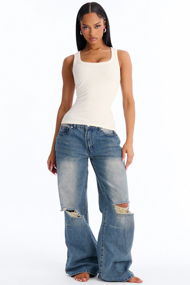 Irene Rib Scoop Neck Tank Top - Cream