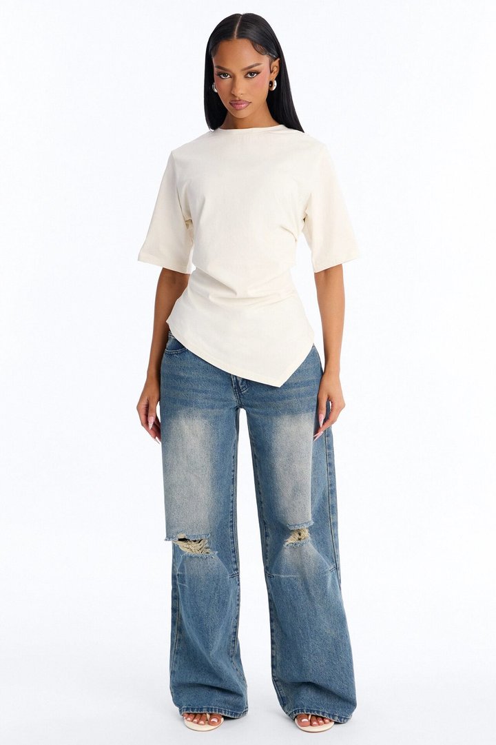 Mila Cinched Waist Asymmetrical T-Shirt - Cream