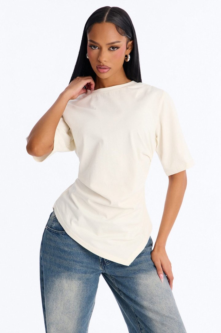 Mila Cinched Waist Asymmetrical T-Shirt - Cream
