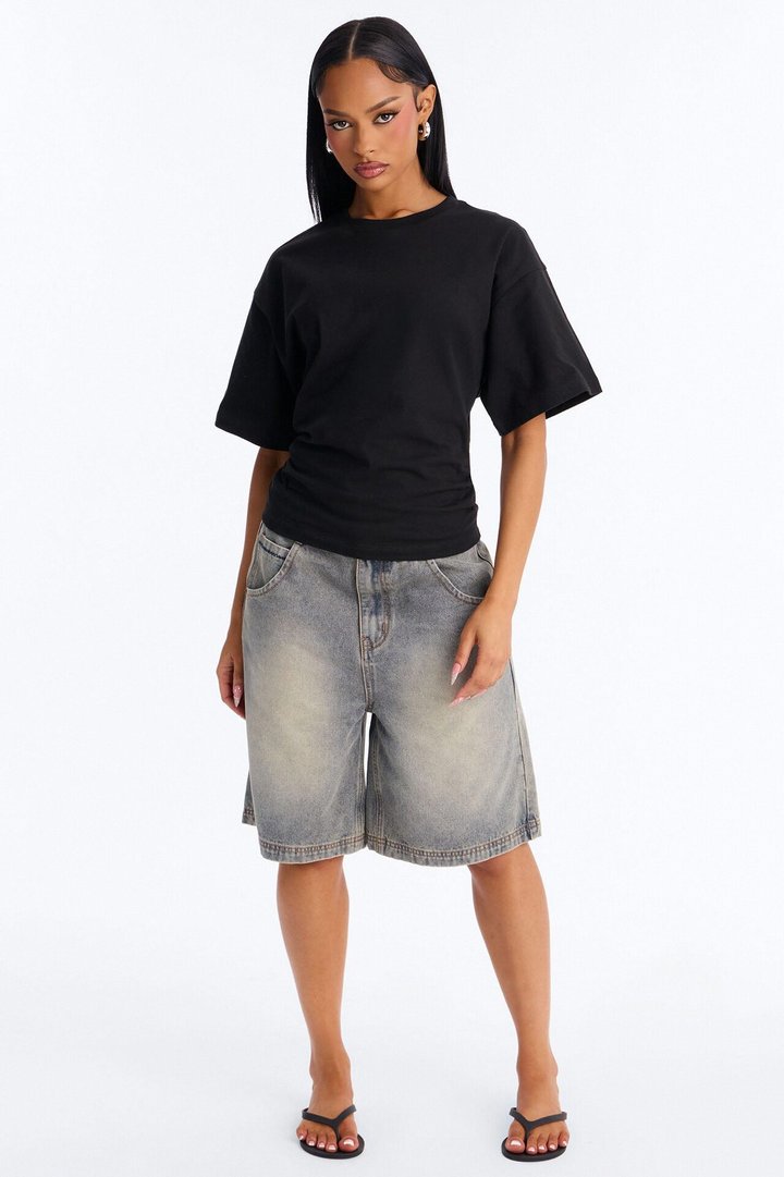 Nora Crew Neck Ruched Short Sleeve T-Shirt - Black