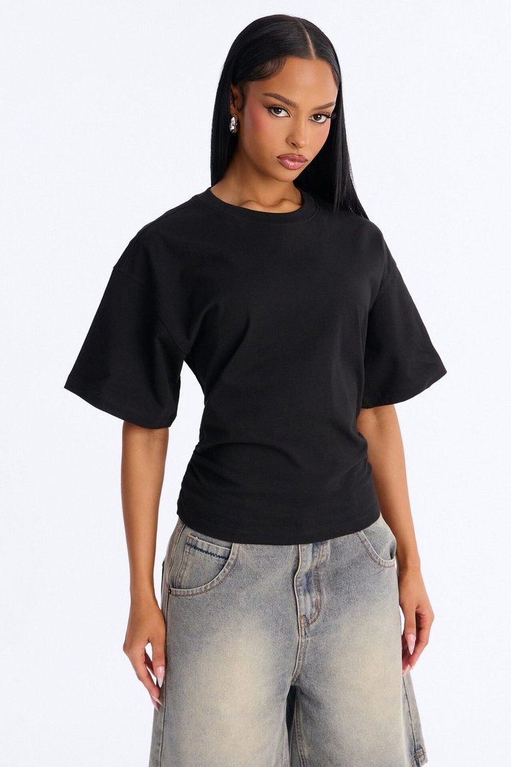 Nora Crew Neck Ruched Short Sleeve T-Shirt - Black