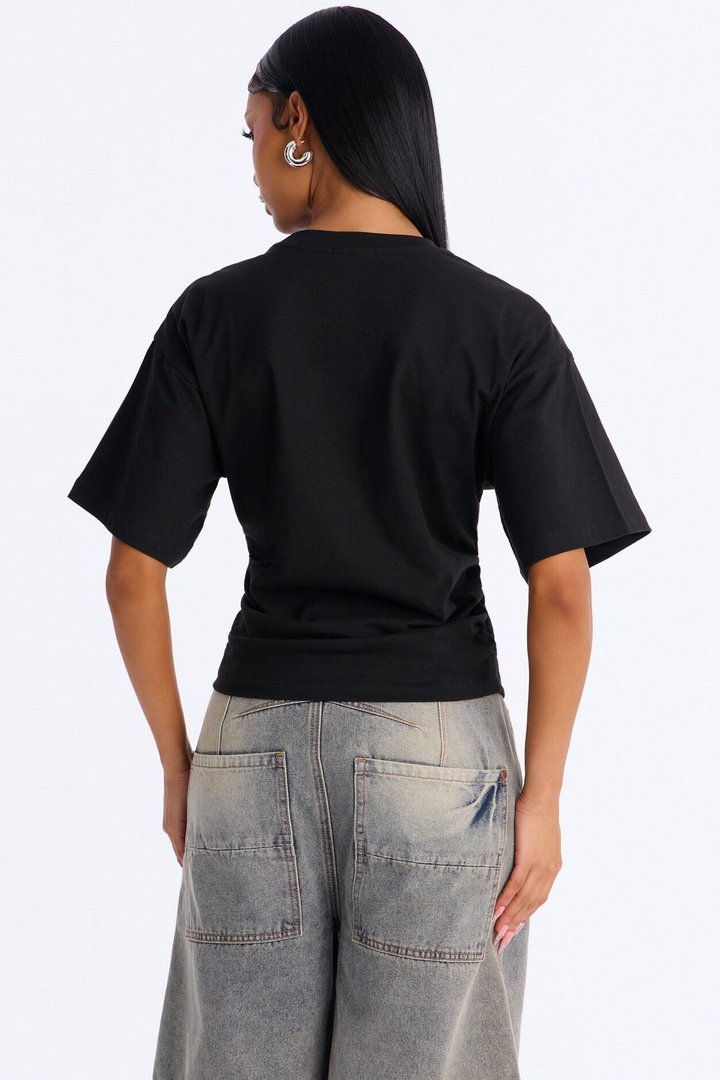 Nora Crew Neck Ruched Short Sleeve T-Shirt - Black