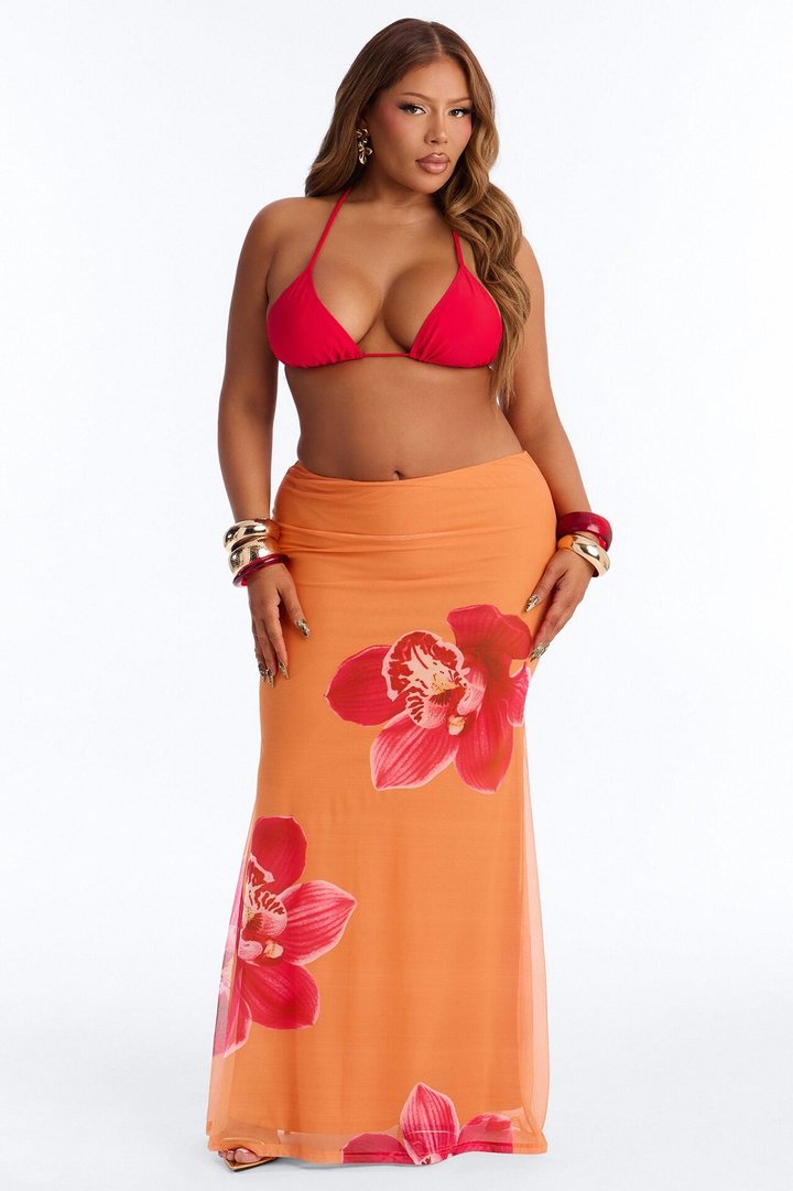 Summer Floral Mesh Maxi Skirt - Orange/combo