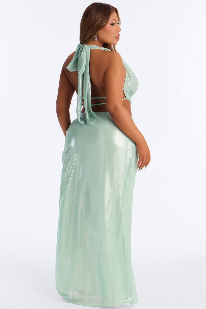 Moonlight Metallic Chiffon Maxi Skirt Set - Mint