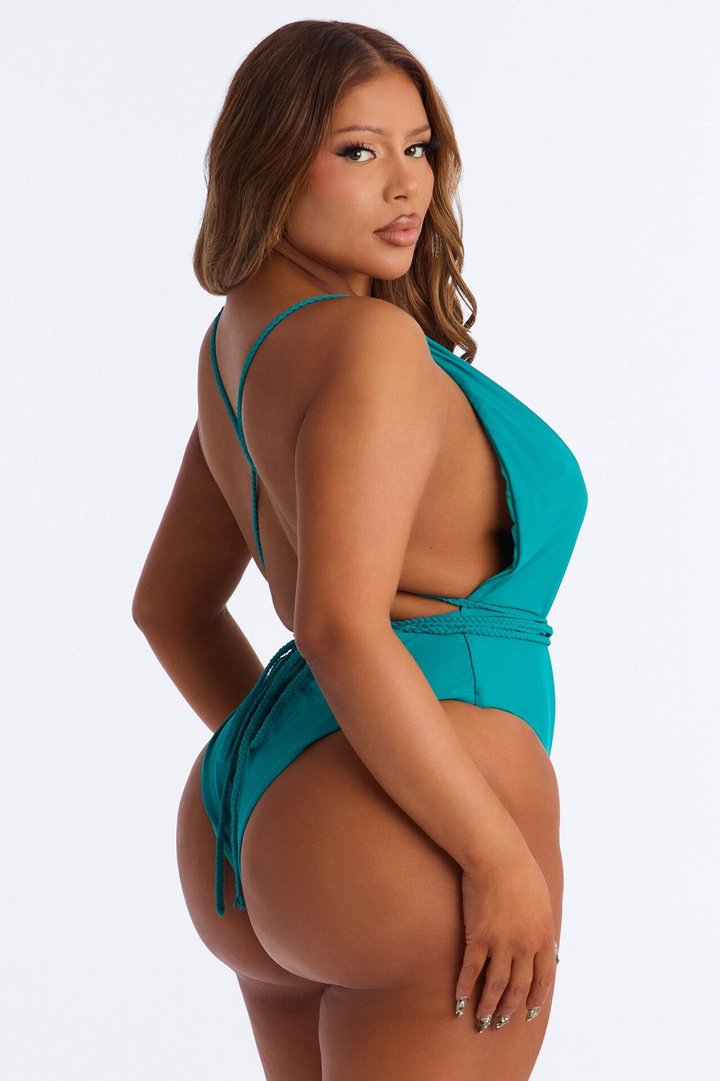 Hampton Heat 1 Piece Plunge Swimsuit & Cover Up Mesh Skirt Set - Teal
