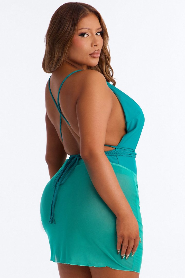 Hampton Heat 1 Piece Plunge Swimsuit & Cover Up Mesh Skirt Set - Teal