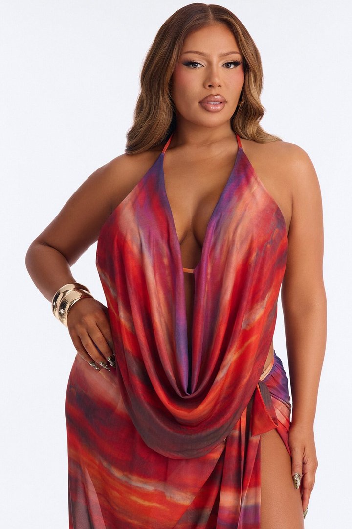 Tropical Heatwave Halter Mesh Skirt Set - Red/combo