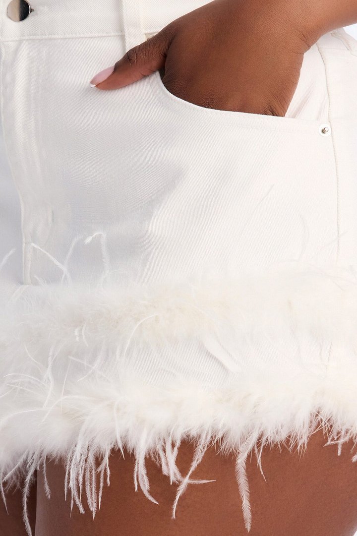 Tessa Asymmetrical Feather Trim Denim Mini Skirt - White Wash