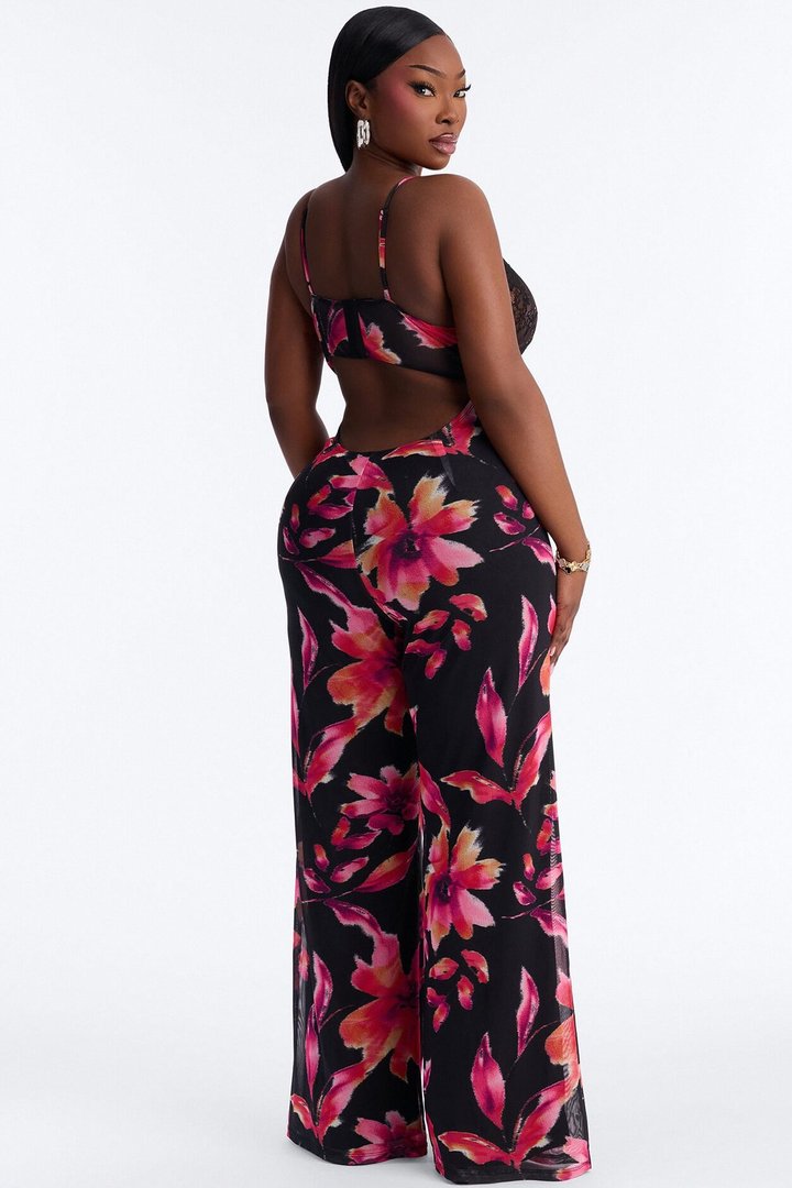 Dark Bloom Lace Floral Mesh Jumpsuit - Black/combo