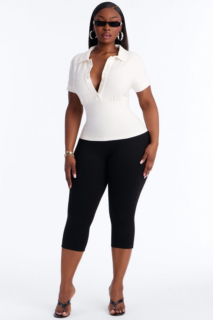 Parker Cinched Waist Short Sleeve Collared Top - White