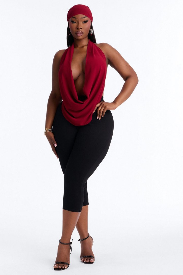 Baddie Energy Head Wrap Top 2 Piece Set - DarkRed