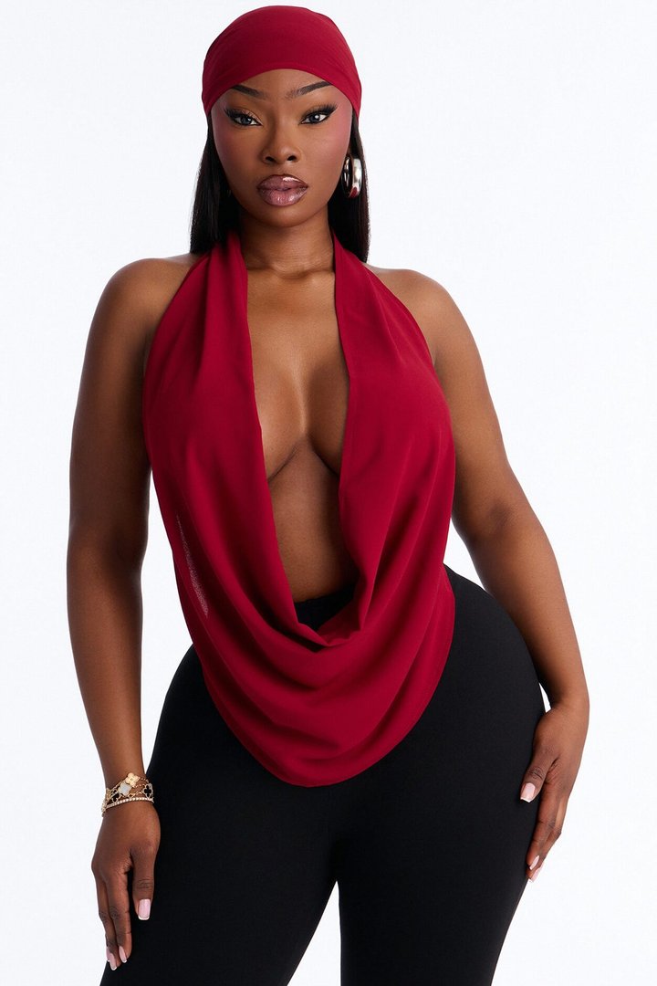 Baddie Energy Head Wrap Top 2 Piece Set - DarkRed