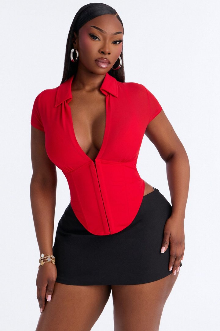 Secret's Out Short Sleeve Mesh Corset Top - Red