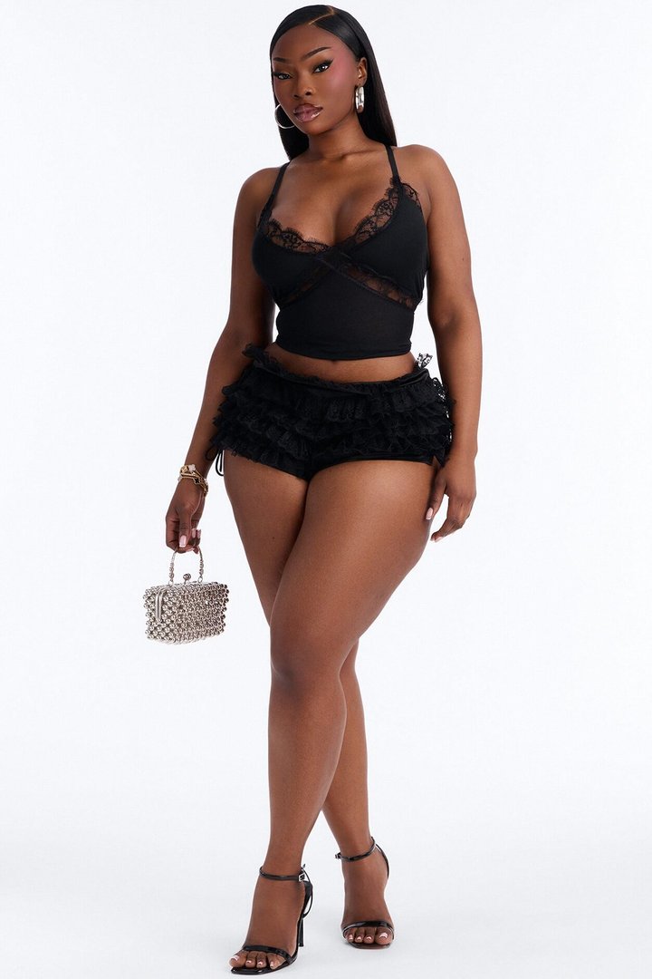 Mila Low Rise Lace Up Bloomer Short - Black