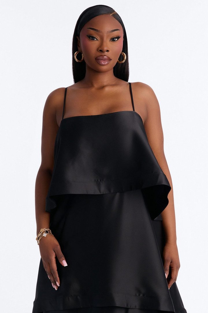Rowen Tiered Satin Gown - Black