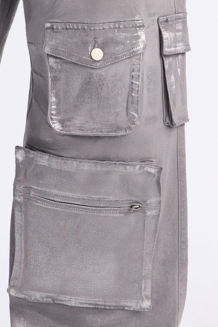 Tall Time To Shine Foil Baggy Cargo Jeans - Silver
