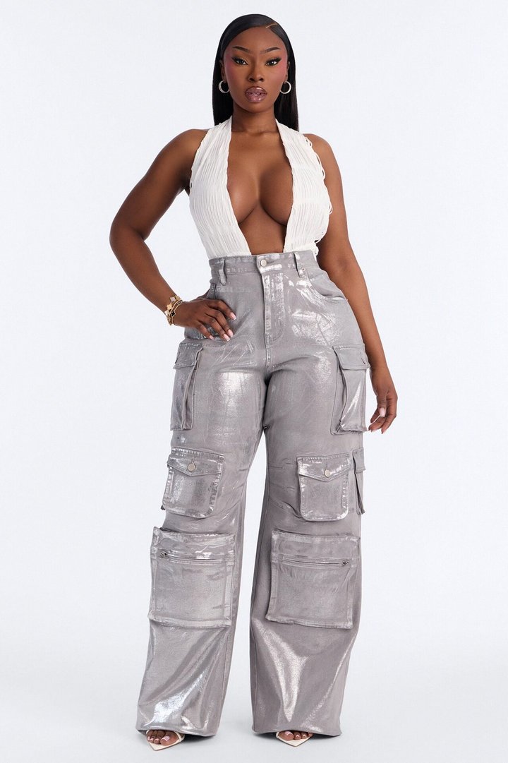 Tall Time To Shine Foil Baggy Cargo Jeans - Silver