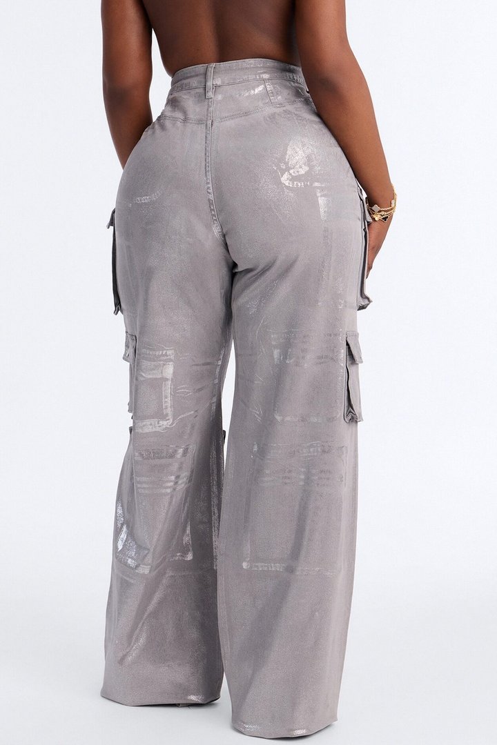 Tall Time To Shine Foil Baggy Cargo Jeans - Silver