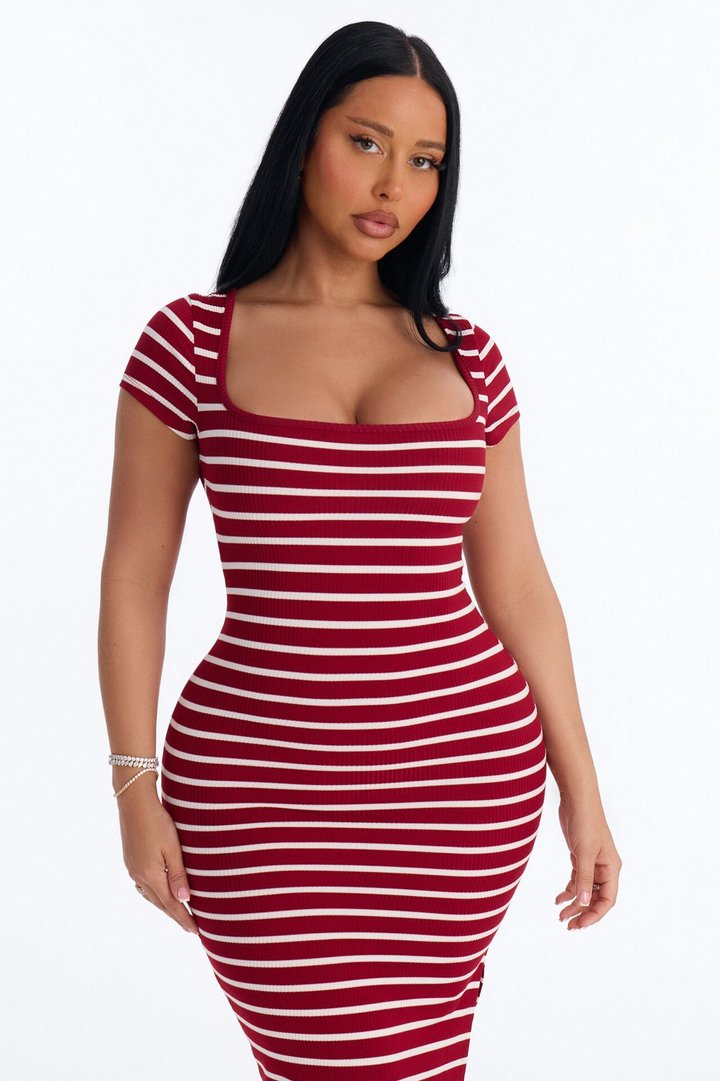 Emma Short Sleeve Striped Midi Dress - Red/White