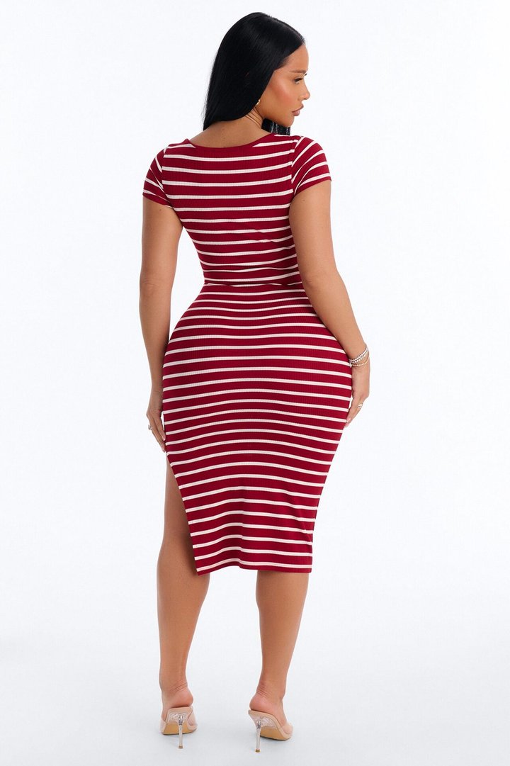 Emma Short Sleeve Striped Midi Dress - Red/White
