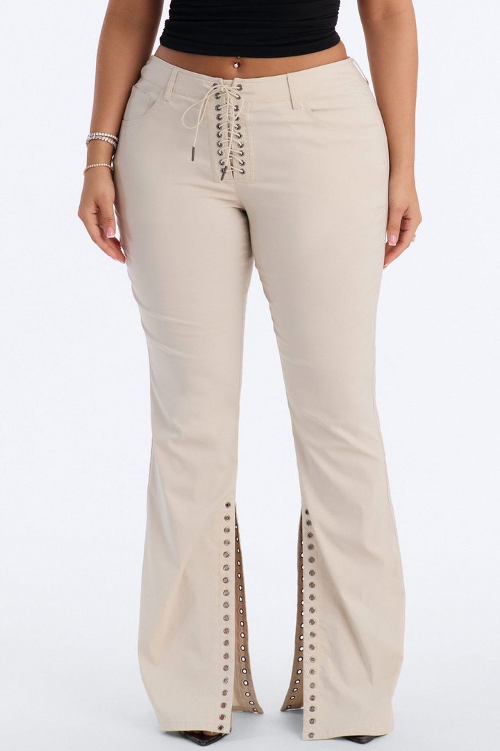 Sophie Lace Up Low Rise Eyelet Pant - Stone
