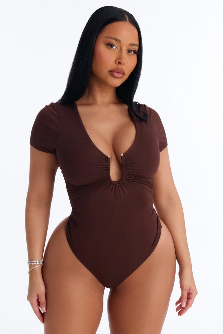 Danielle Deep V Neck Short Sleeve Bodysuit - Brown