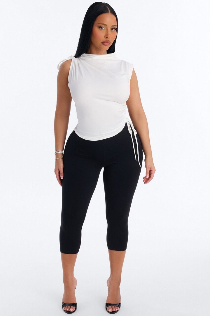 Devon Ruched Drawstring Mock Neck Top - White