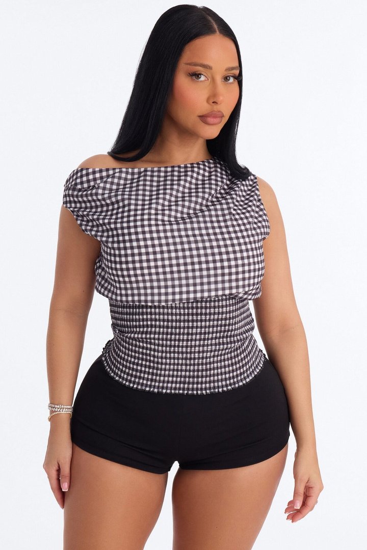 Day Out Smocked Gingham Chiffon Top - Black/White