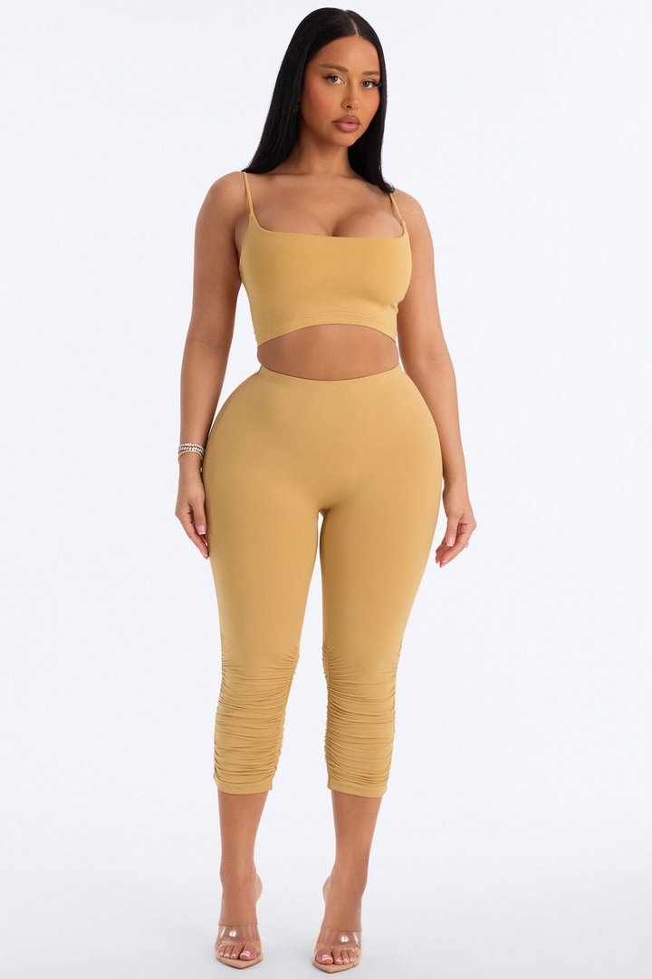 Second Skin Double Lined Ruched Low Rise Capri Legging - Honey