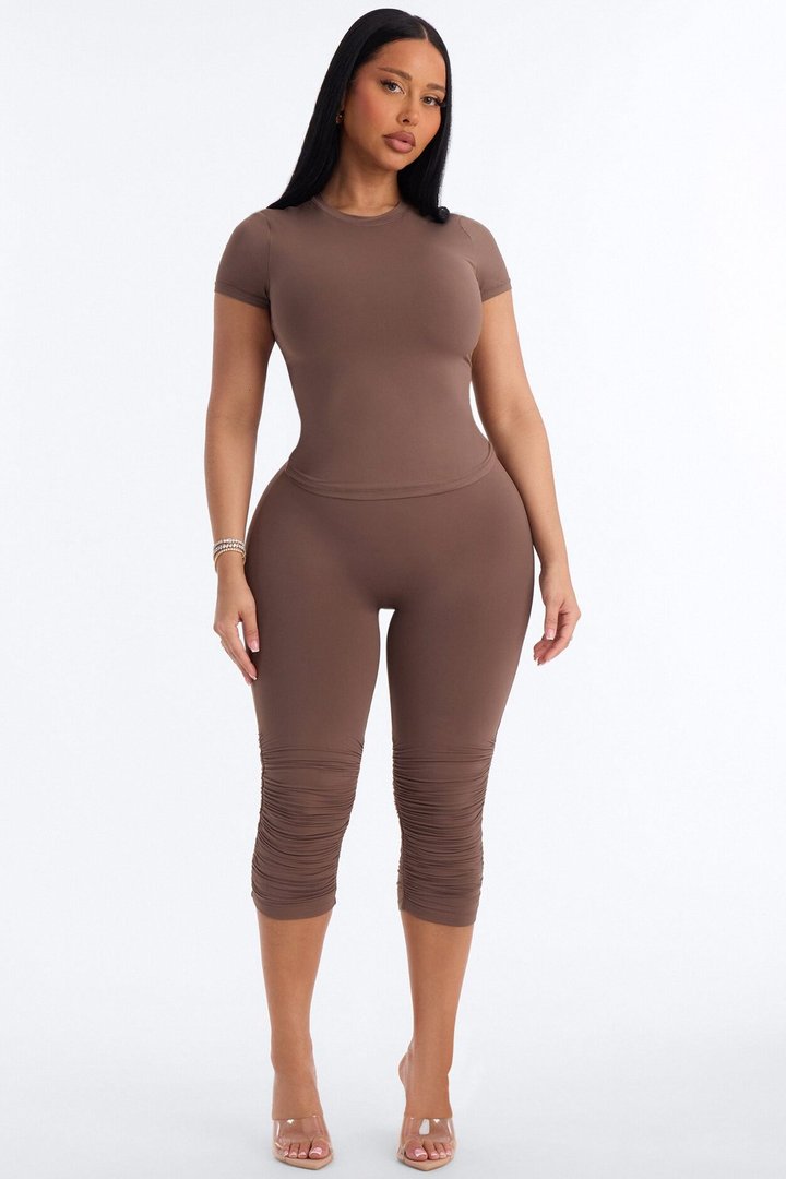 Second Skin Double Lined Ruched Low Rise Capri Legging - Brown