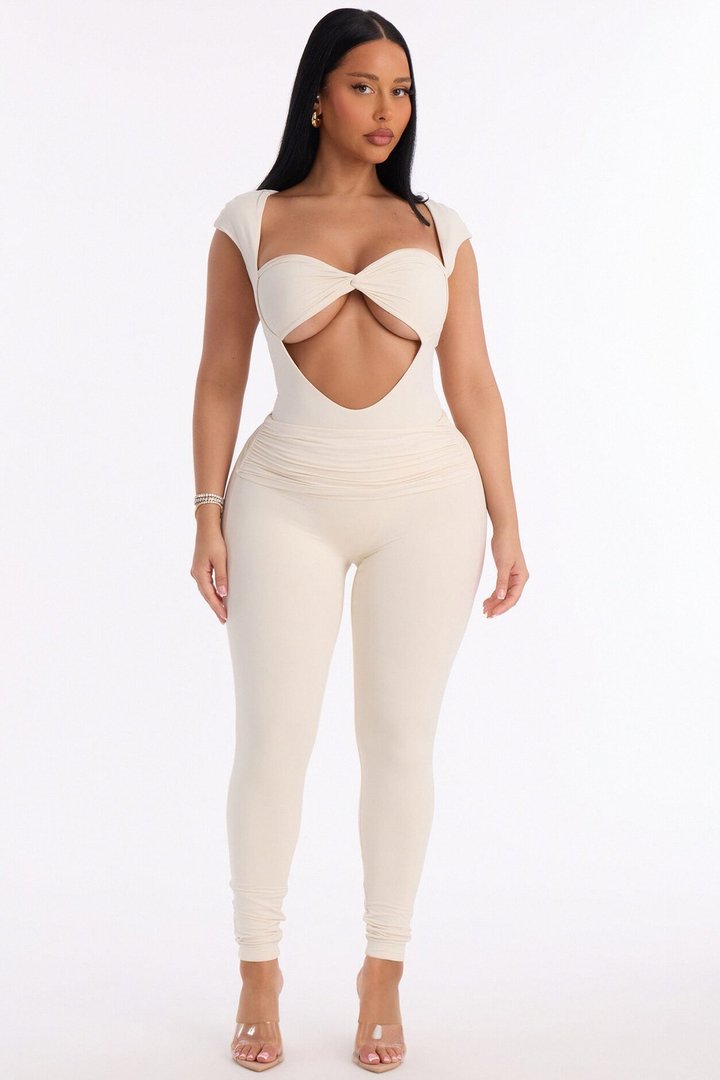 Second Skin Double Lined Cut Out Cap Sleeve Bodysuit - Bone