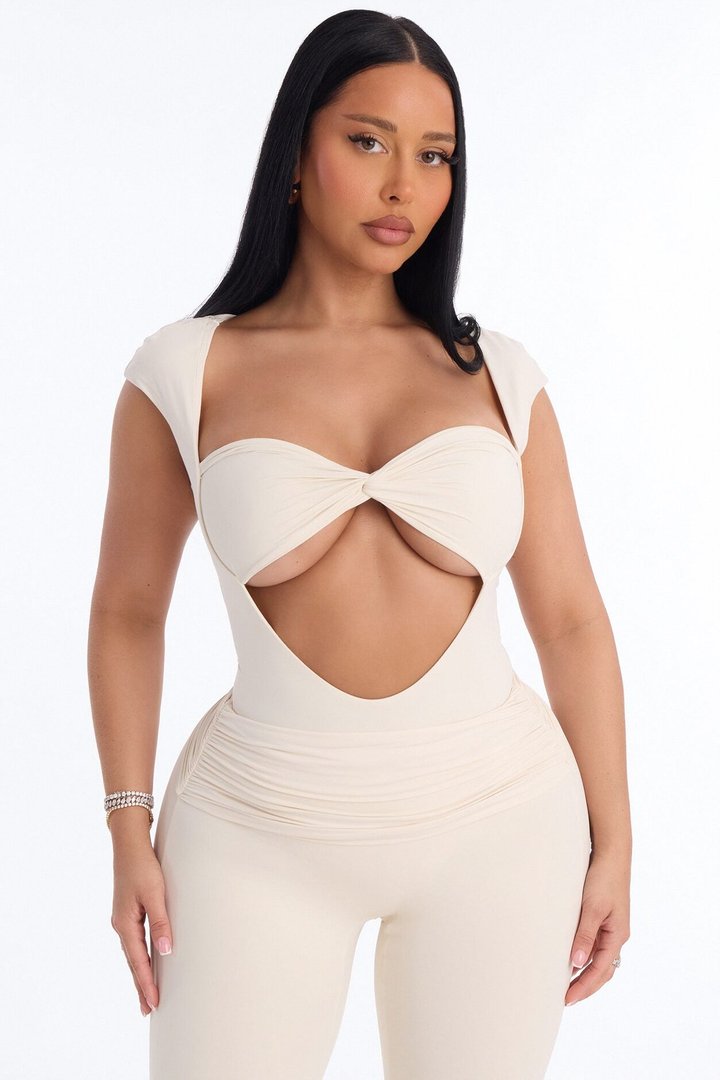 Second Skin Double Lined Cut Out Cap Sleeve Bodysuit - Bone