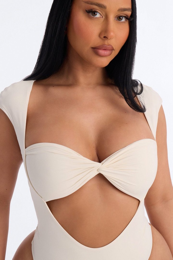 Second Skin Double Lined Cut Out Cap Sleeve Bodysuit - Bone