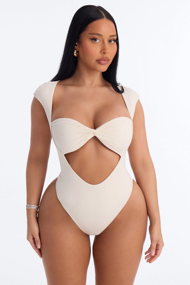 Second Skin Double Lined Cut Out Cap Sleeve Bodysuit - Bone