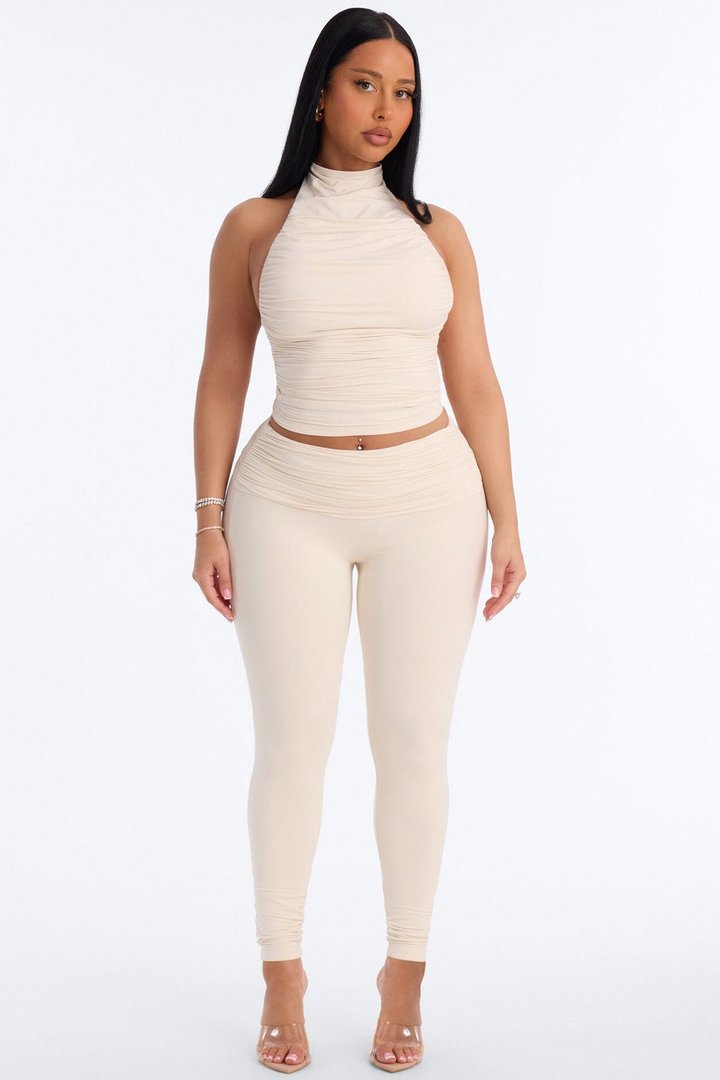 Second Skin Double Lined Ruched Mock Neck Halter Top - Bone