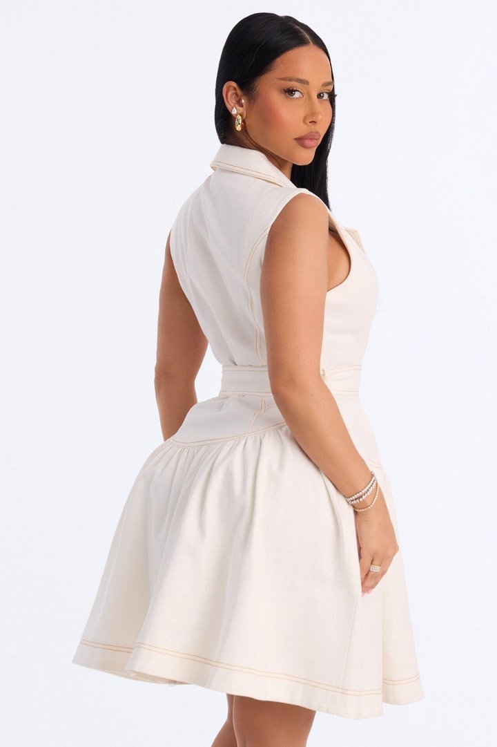 Kassandra Belted Denim Midi Dress - White