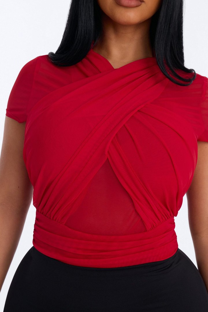 Serena Short Sleeve Mesh Bodysuit - Red
