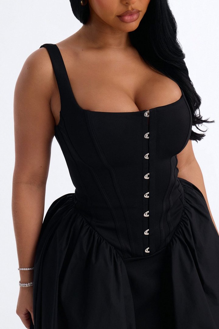 Renna Corset Midi Dress - Black