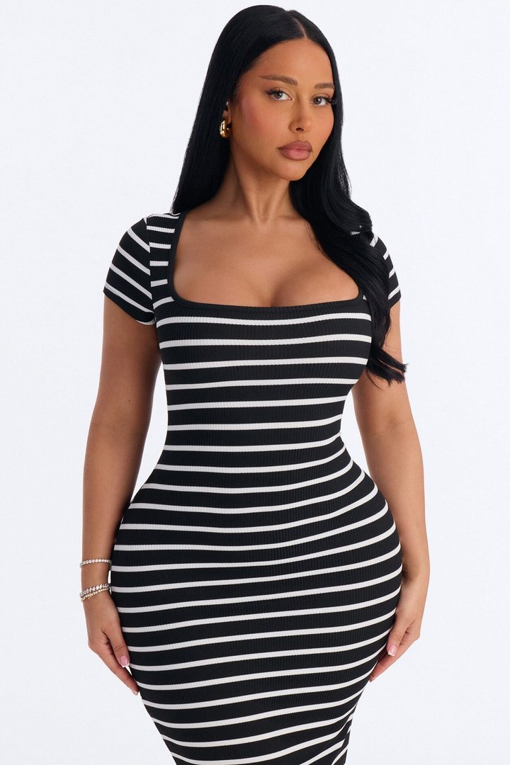 Emma Short Sleeve Striped Midi Dress - Black/White