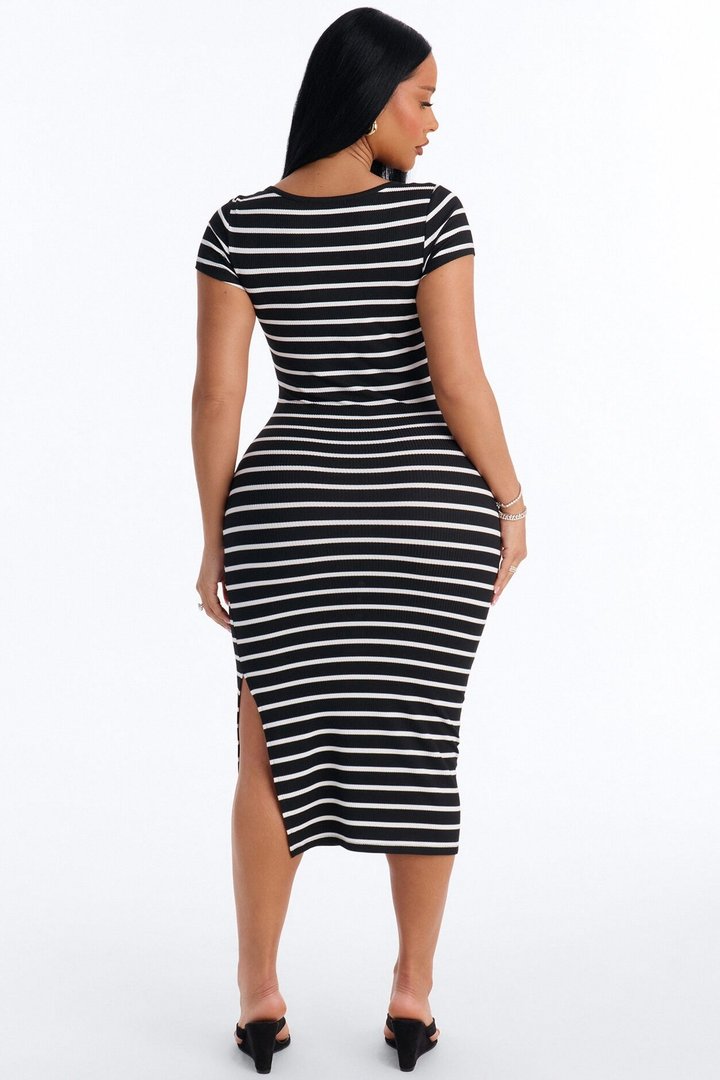 Emma Short Sleeve Striped Midi Dress - Black/White