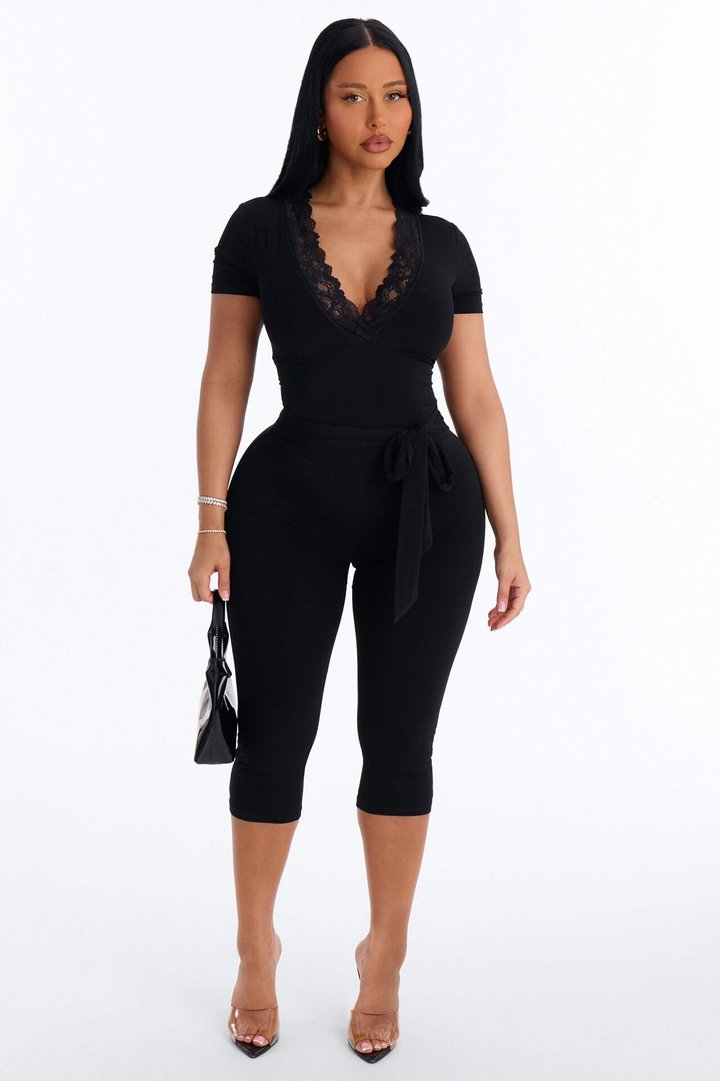 Priscilla Lace Trim Capri Catsuit - Black