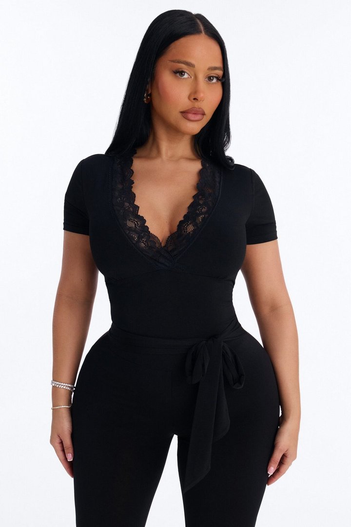 Priscilla Lace Trim Capri Catsuit - Black