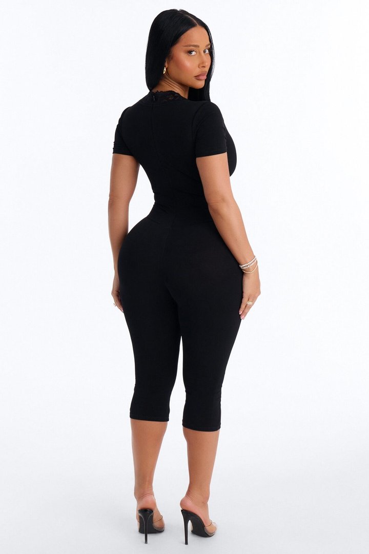 Priscilla Lace Trim Capri Catsuit - Black